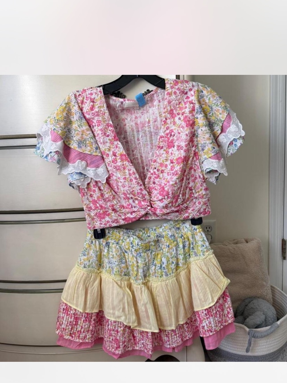 LoveShackFancy Pink & Yellow Floral Ruffle Crop Top and Tiered Mini Skirt Set